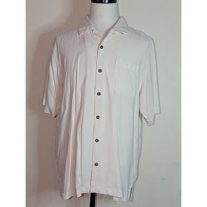 Tommy Bahama Mens Size Large Ivory Cream Hawaiian Shirt Wood Buttons 100% Silk